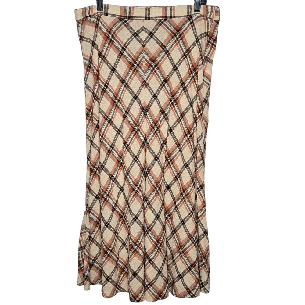 Zara Plaid midi Skirt XL Brown Tan Bias Cut Long Boho Cottagecore Fall autumn